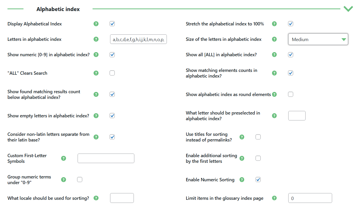 Alphabetic index settings - Tooltip WordPress Plugin