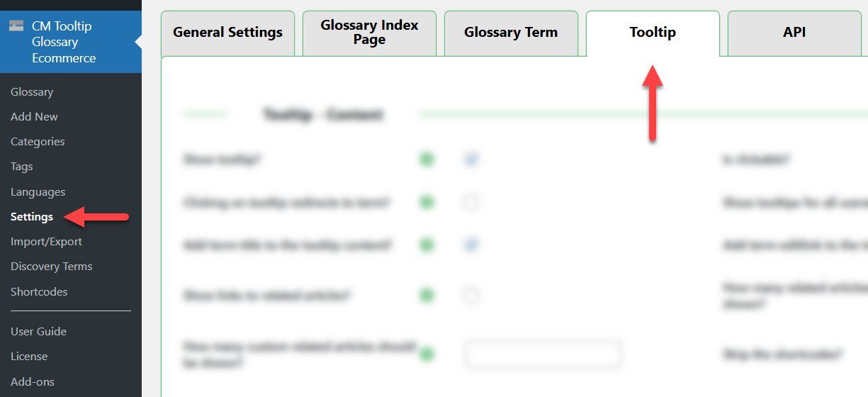 Navigation to the plugin settings - Tooltip Plugin WordPress