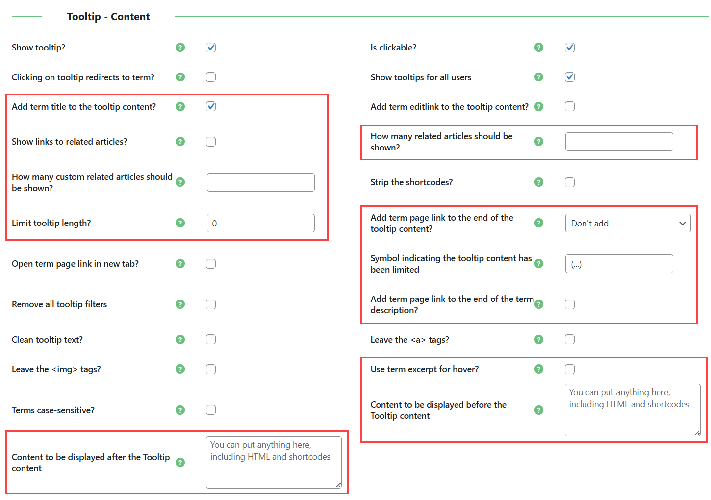 Tooltip structure settings - Wiki WordPress Plugin