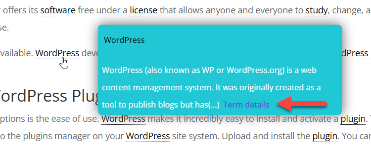 Displaying a term details link after the term description - Knowledge Base WordPress Plugin