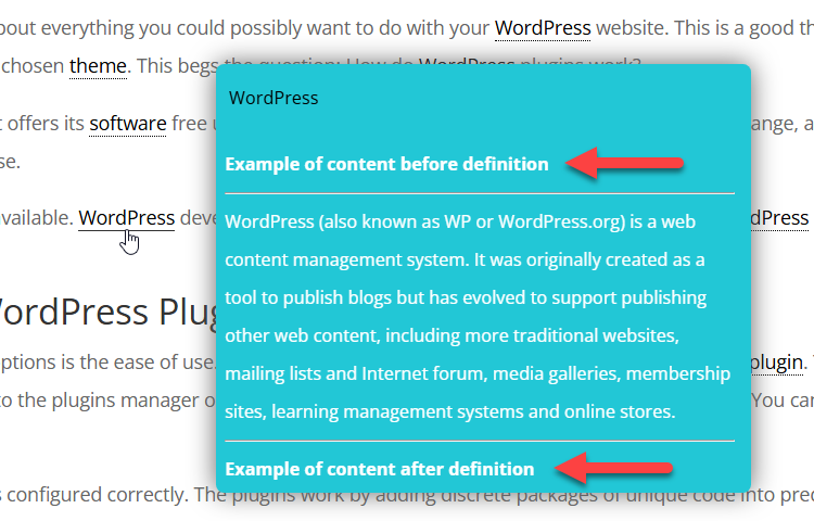 Displaying content before and after the definition - Glossary Plugin WordPress