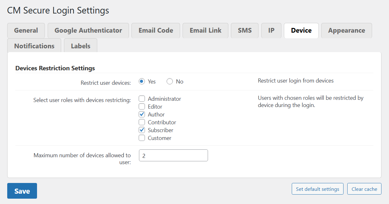 Device settings tab - WordPress Two Factor Authentication Plugin