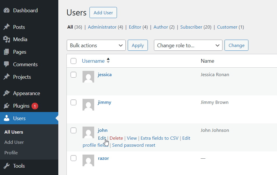 Editing the user - WP 2FA Plugin