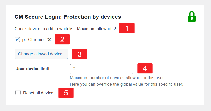 Protection by devices section - WordPress Login SMS Verification