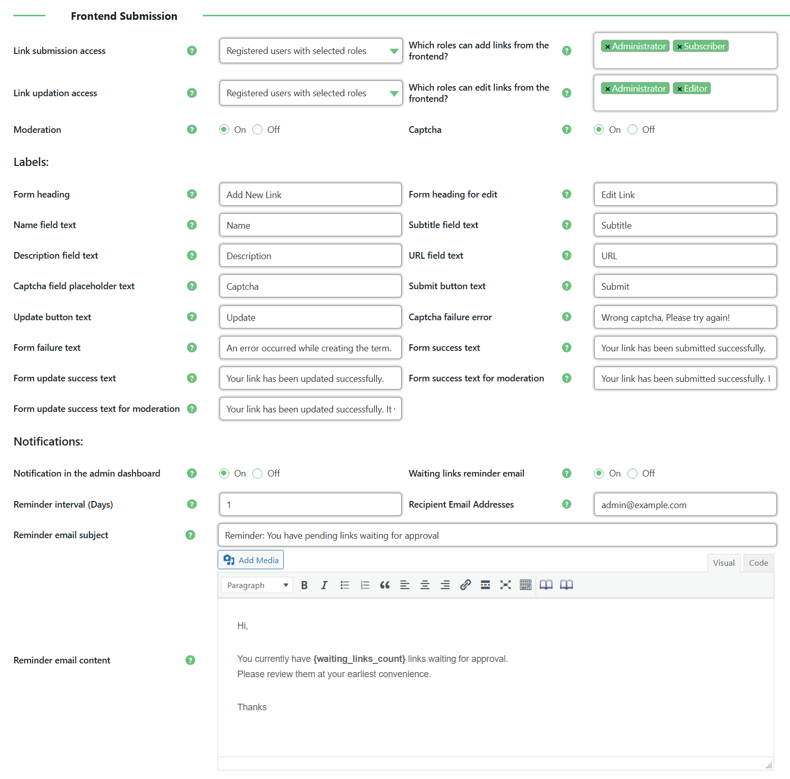 Frontend submission settings - WordPress Knowledge Base Plugin