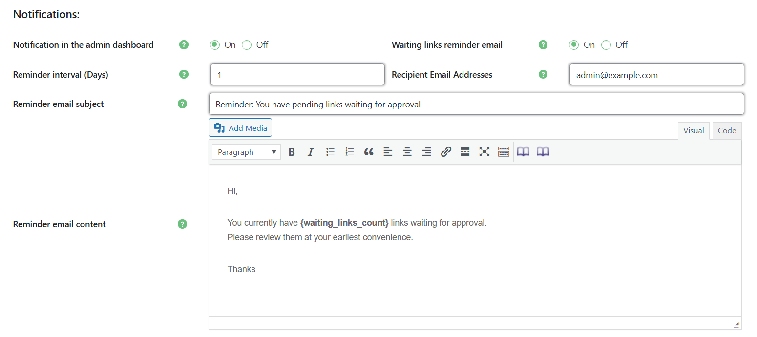 Notifications settings - Content Curation Plugin