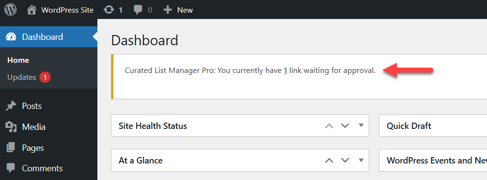 Admin notification - WordPress Content Aggregation