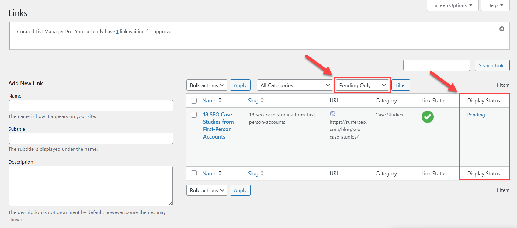 Moderation dashboard - WordPress Curated Lists