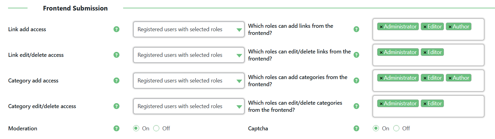 Front-end submission settings - link directory plugin