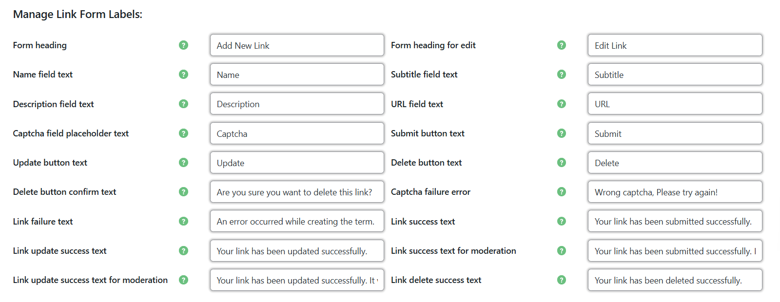 Manage Link Form Labels settings - user link submissions