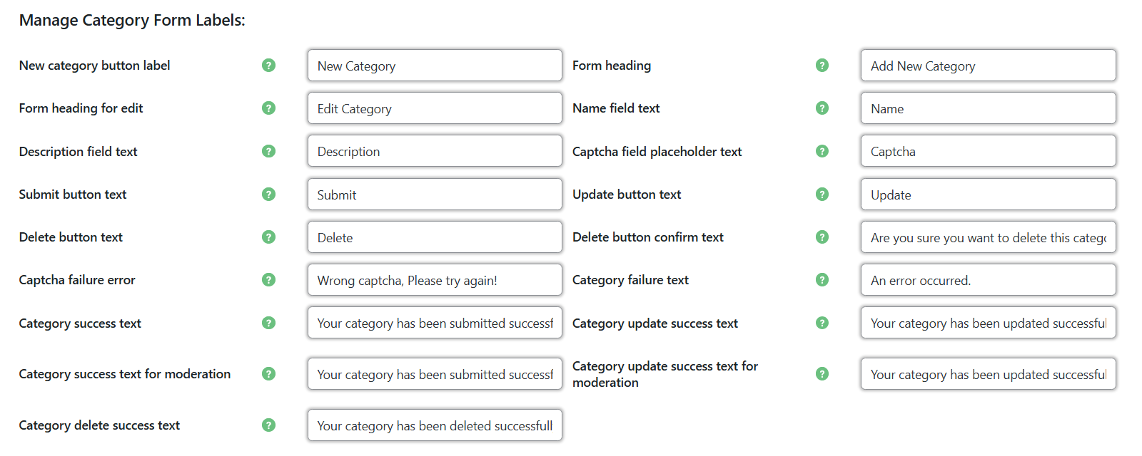 Manage Category Form Labels settings - front-end editing