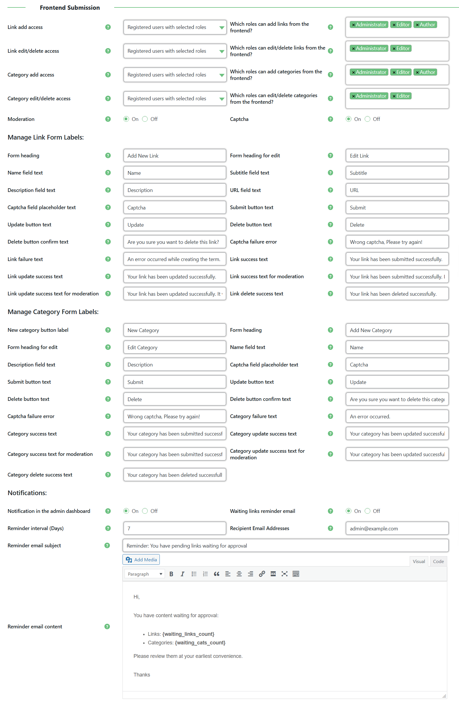 Frontend submission settings - WordPress Knowledge Base Plugin