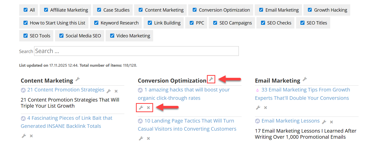 Admin links - WordPress Curated Lists