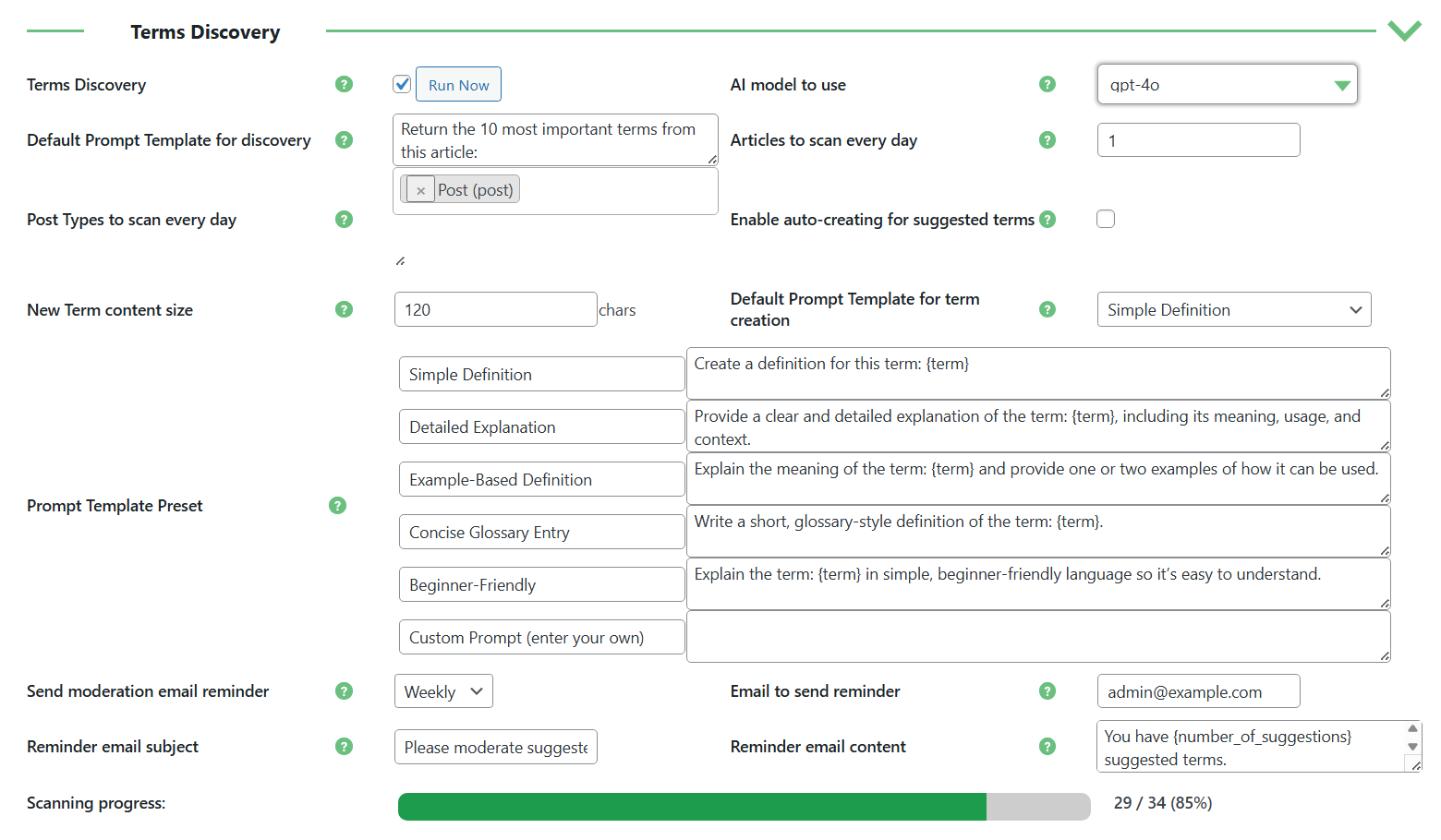 Terms discovery settings - Wiki Plugin for WordPress