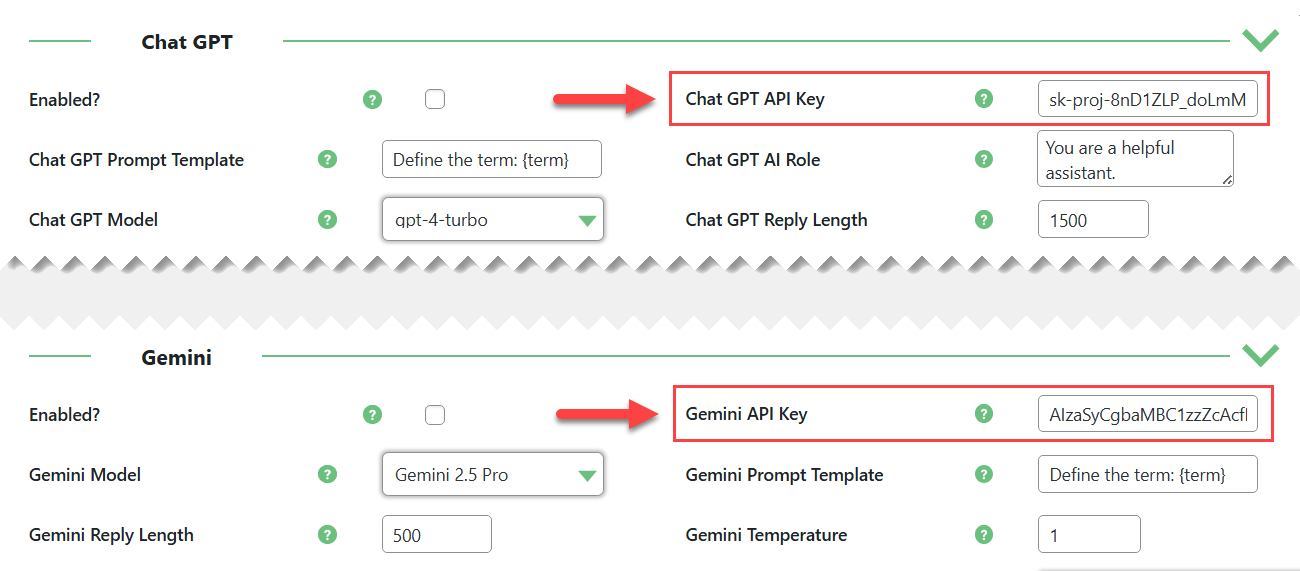 ChatGPT and Gemini integration settings - Tooltip Plugin WordPress