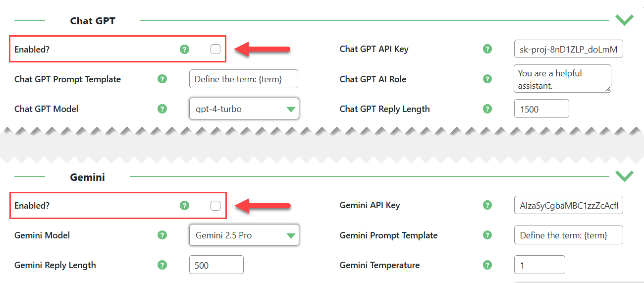 ChatGPT and Gemini integration settings - Tooltip WordPress Plugin
