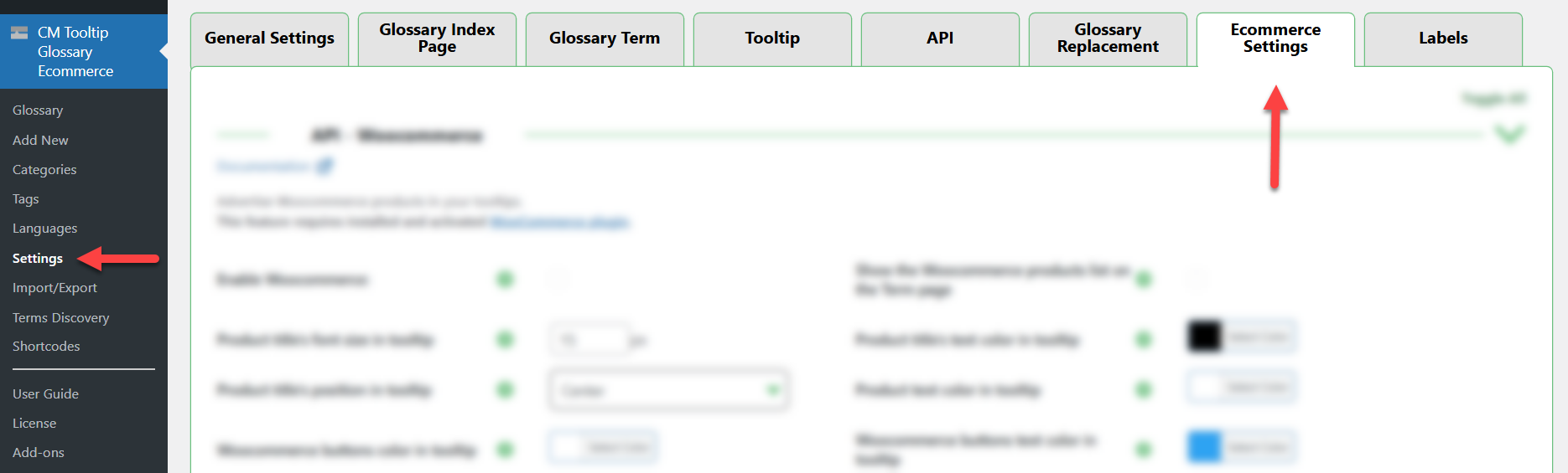 Ecommerce settings - Glossary Plugin WordPress