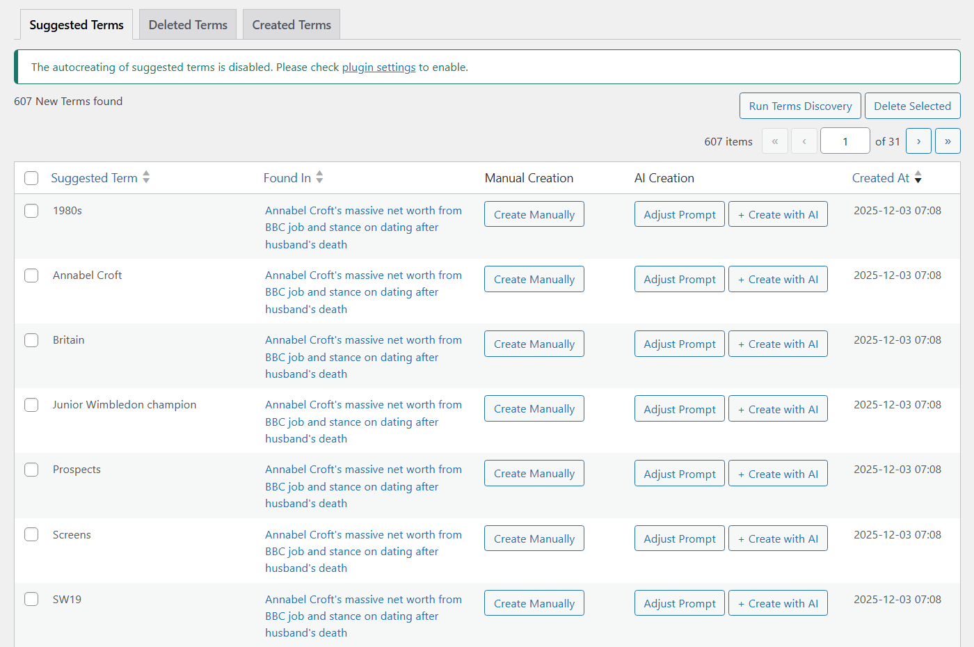 Dashboard for managing scanned terms - WordPress Knowledge Base Plugin