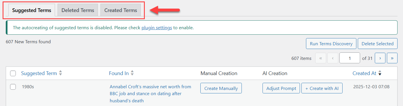 Suggested terms tab - Knowledge Base WordPress Plugin