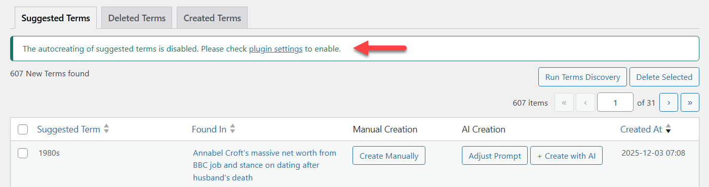 Notification about disabled autocreation - Glossary Plugin WordPress