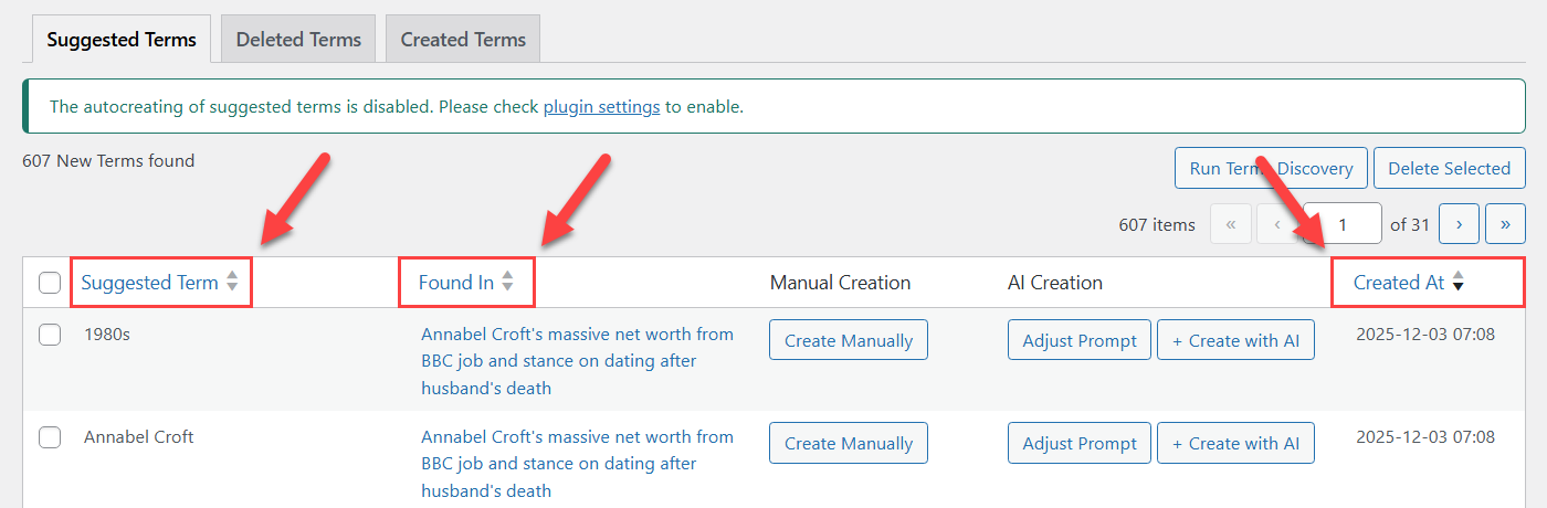 Sorting columns - Tooltip WordPress Plugin