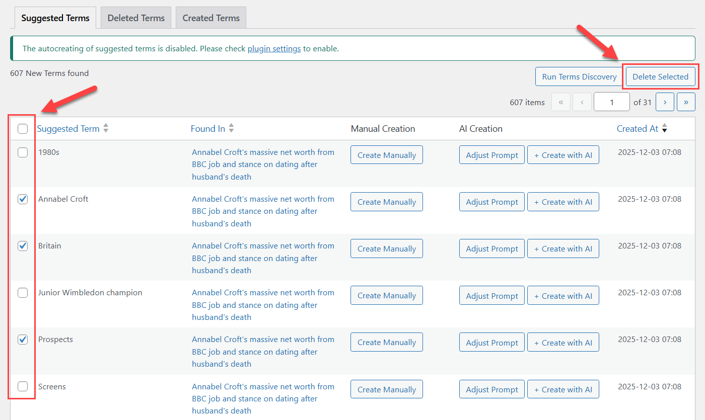 Deleting terms - Wiki Plugin for WordPress