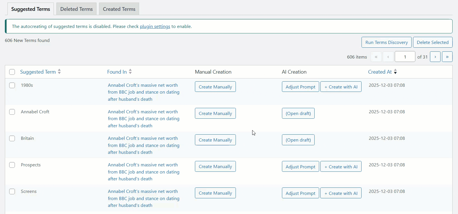 Quick definition creation with AI - WordPress Internal Linking Plugin