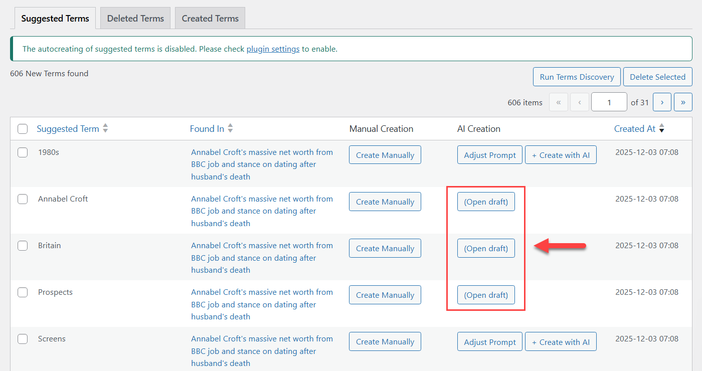 Reviewing created terms drafts - WordPress Glossary Plugin