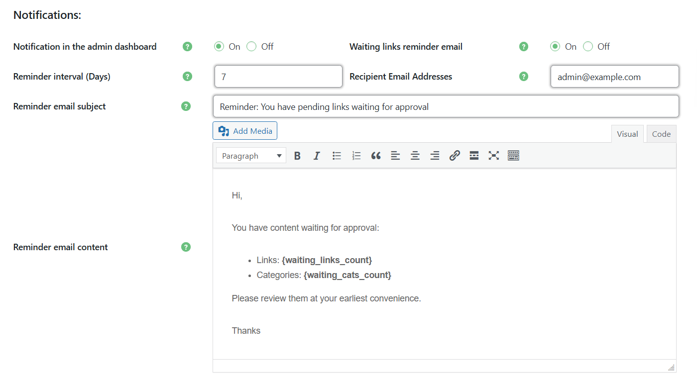Notifications settings - link management