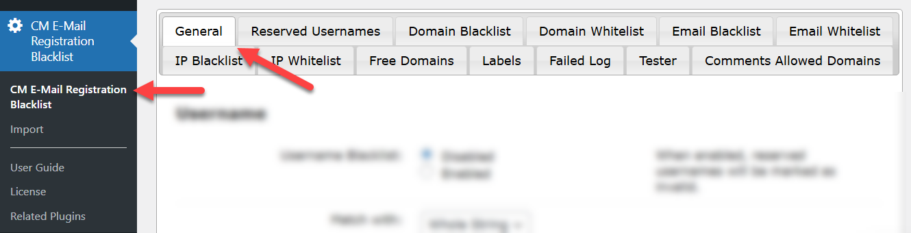 Navigation to the plugin settings - WordPress Email Blacklist Plugin