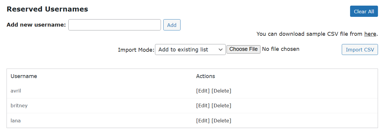 Reserved Usernames dashboard - WordPress Blacklist Plugin