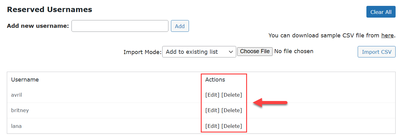 Editing and deleting reserved usernames - WordPress Email Blacklist Plugin