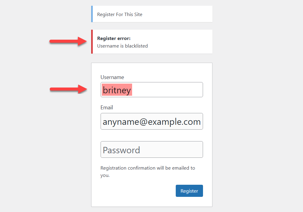Example of blocking a fully matched username in the username field - WordPress Blacklist Plugin