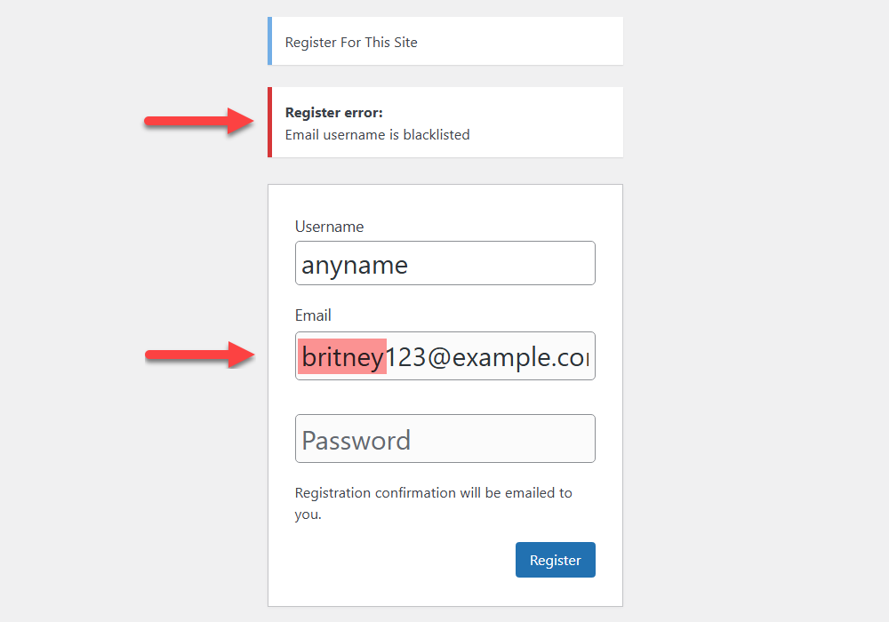 Example of blocking a partially matched username in the email - IP Blacklist WordPress Plugin