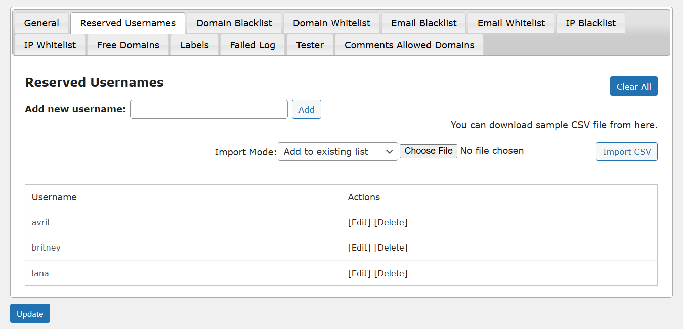 Reserved Usernames tab - WordPress Email Blacklist Plugin