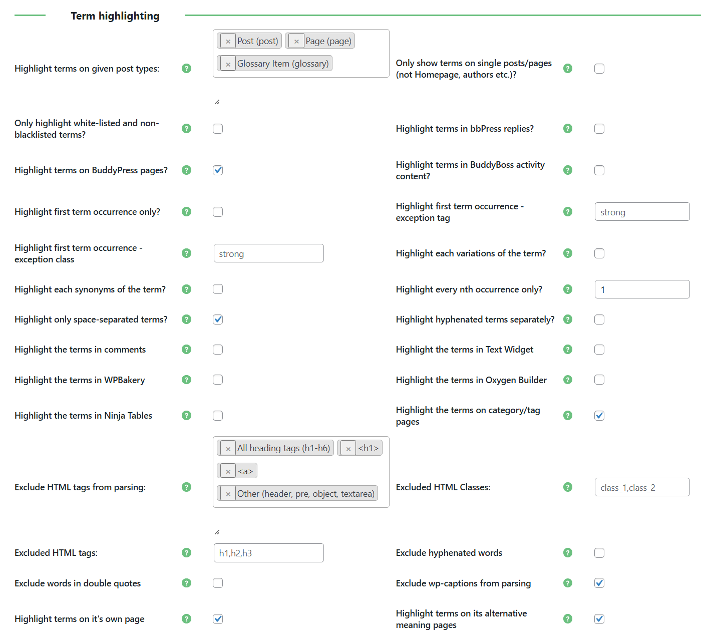 Term highlighting settings - Tooltip WordPress Plugin