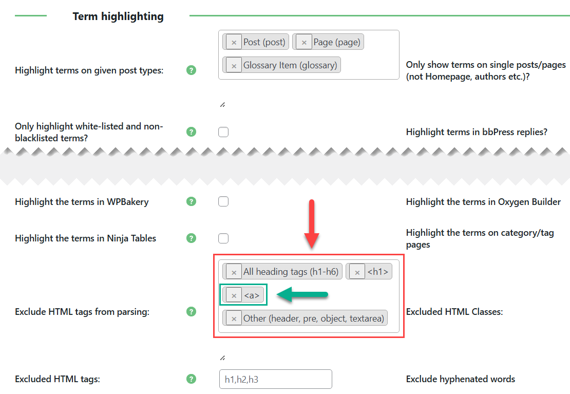 Excluding a tag from parsing - Glossary Plugin WordPress