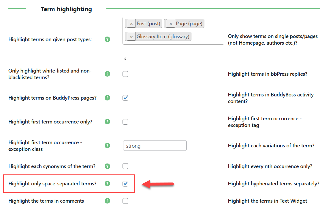 Highlighting only space separated terms - Tooltip Plugin WordPress