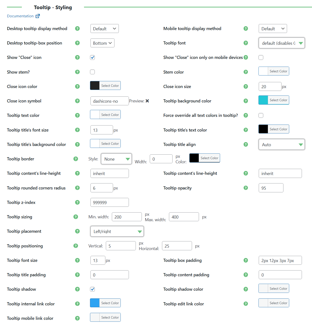 Tooltip styling settings - Wiki Plugin for WordPress