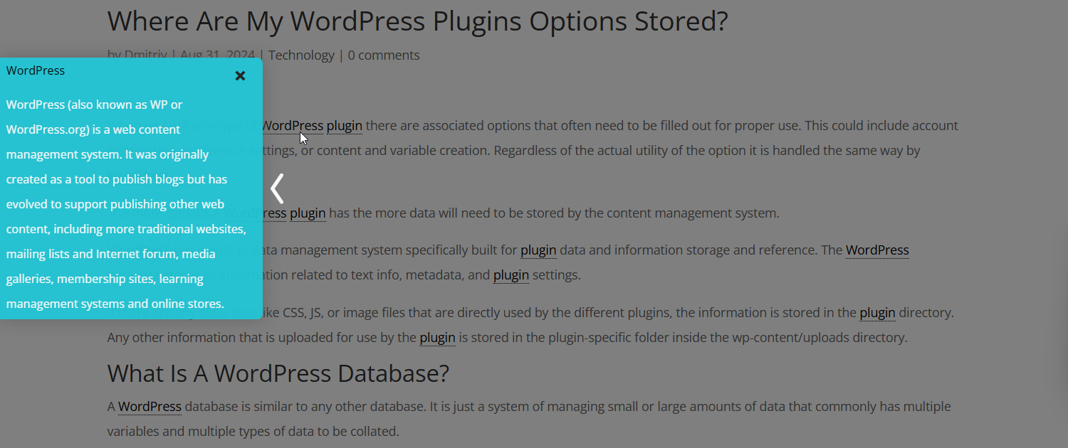 Example of the left-side tooltip - Wiki for WordPress