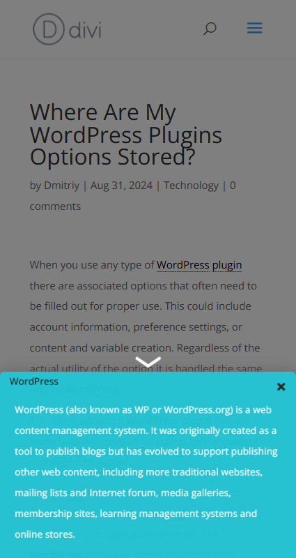 Example of the tooltip on mobile device - Wiki WordPress Plugin