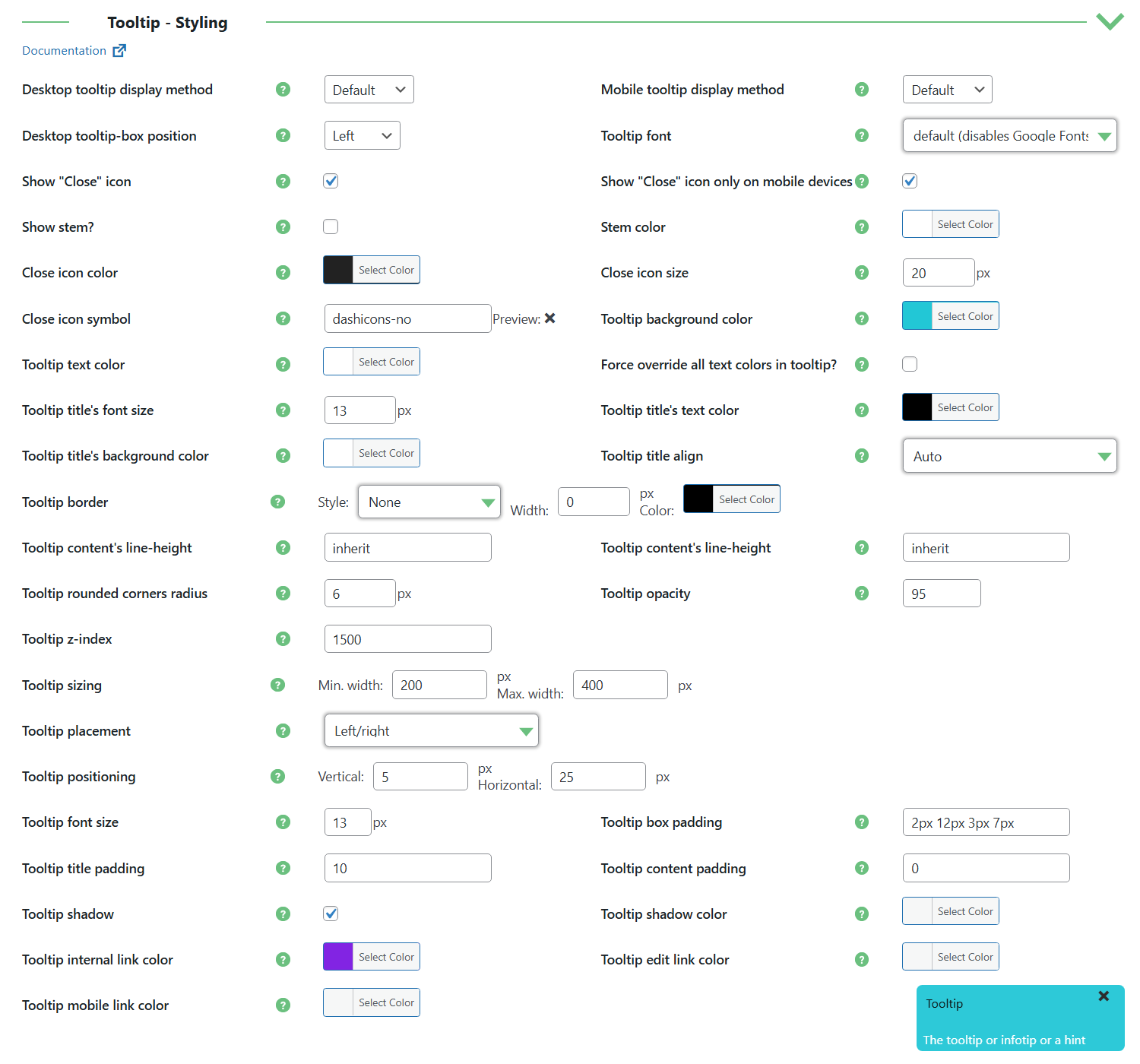 Tooltip styling settings - Tooltip WordPress Plugin