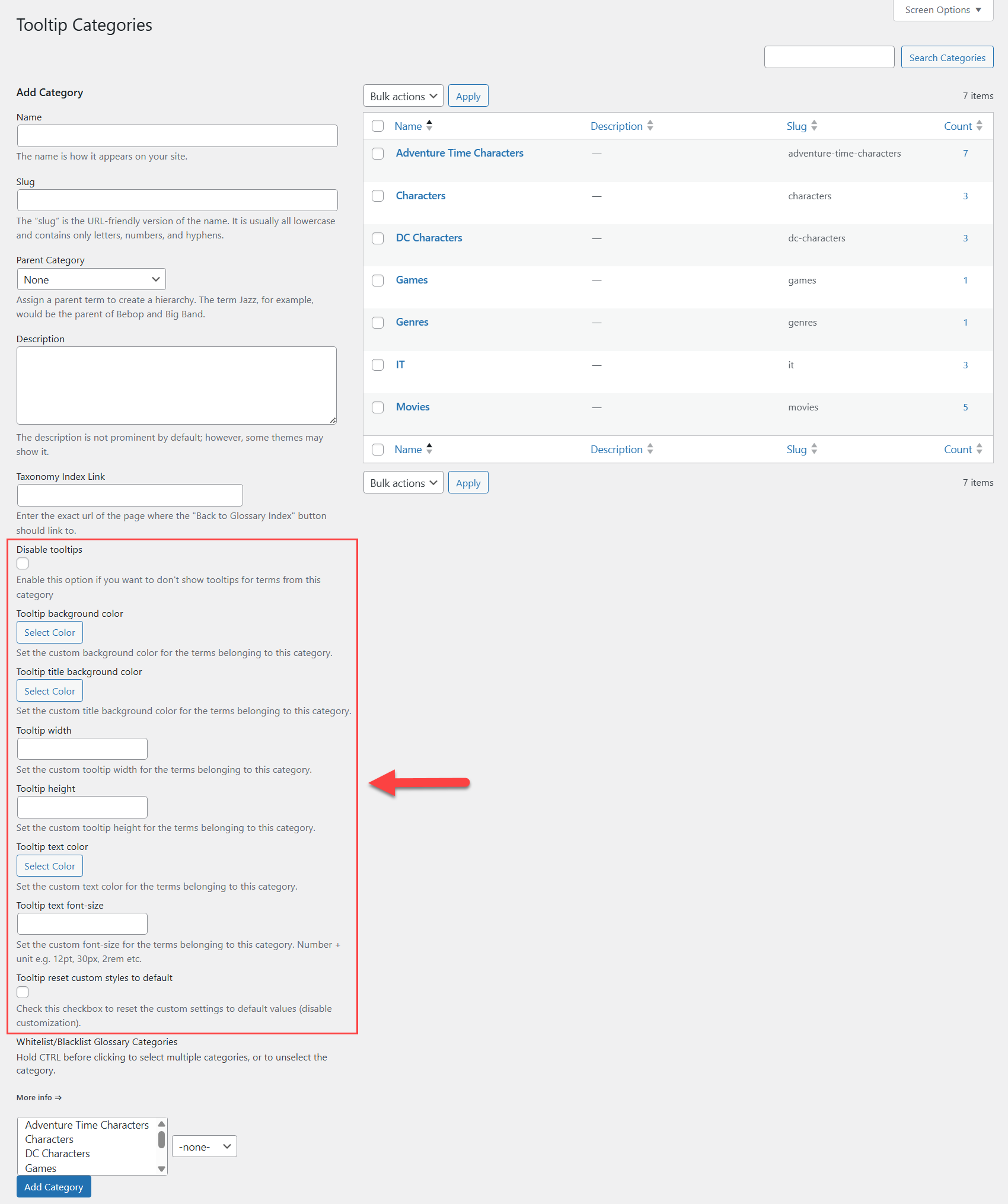 Dashboard for managing categories - Tooltip WordPress Plugin