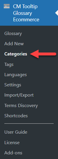Navigation to the categories dashboard - Tooltip Plugin WordPress