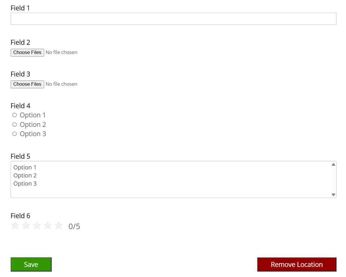 Front-end example of custom fields in the form for adding new location - Store Locator WordPress Plugin