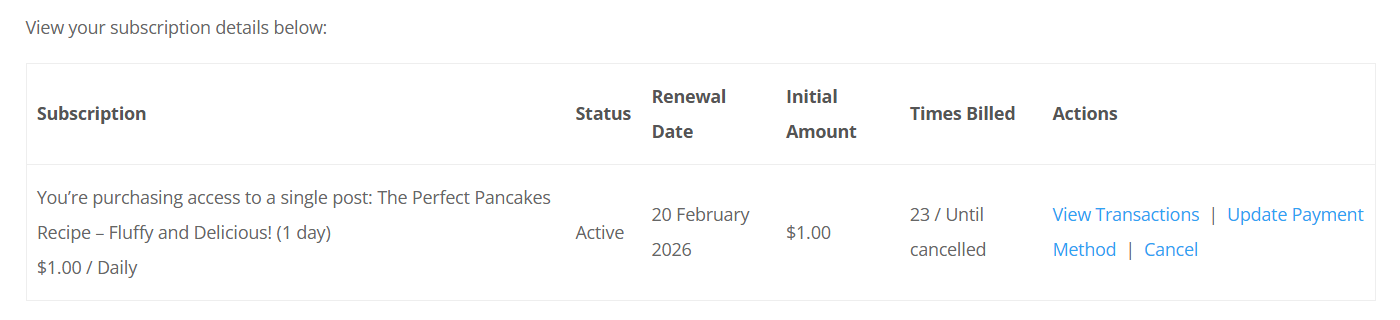 Example of the EDD subscriptions user dashboard - Pay-Per-Post Plugin