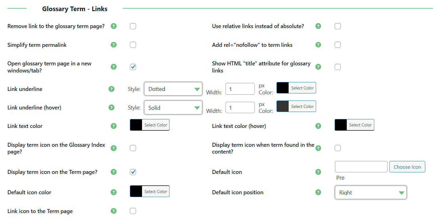 Glossary term links settings - WordPress Knowledge Base Plugin