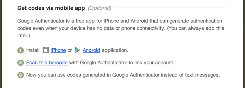 Google Authenticator setup screen