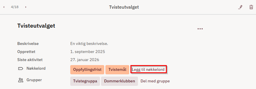 Informasjon om utvalget. Legg til nøkkelord. Skjermbilde. 