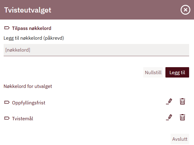 Legg til og endre nøkkelord. Skjermbilde.